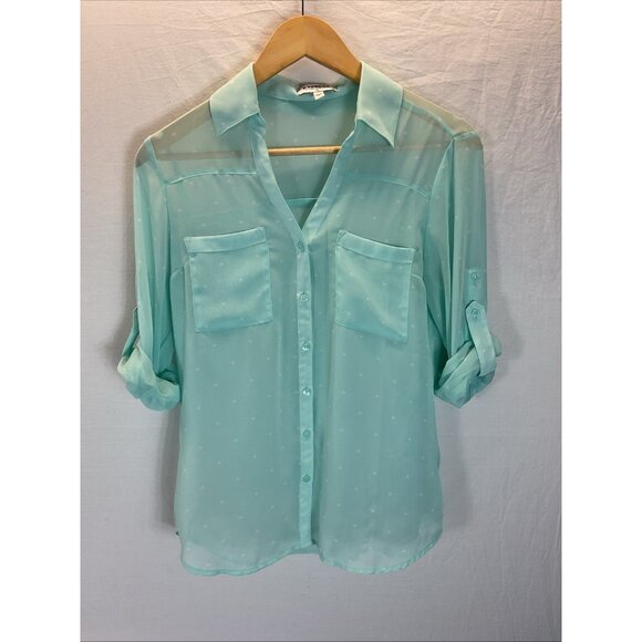 Express‎ The Portofino Shirt  Womens Small Turquoise Sheer White polka dot - Picture 1 of 8